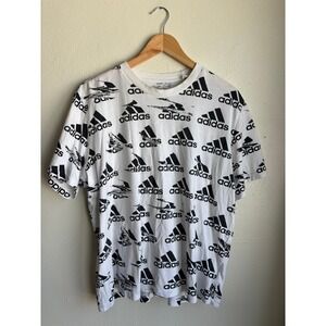 Adidas Mens All Over Print Logo Graphic T-Shirt White Black XL Short Sleeve
